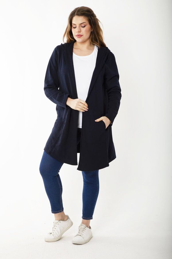 Şans Şans Women's Large Size Navy Blue Hooded Cardigan with Cup and Vep Detail