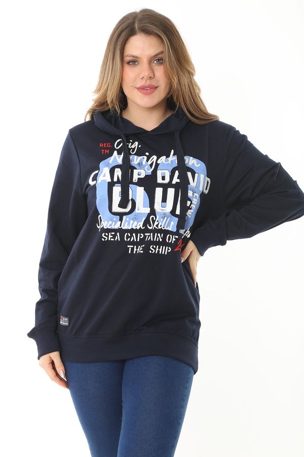 Şans Şans Women's Large Size Navy Blue Two Thread Front Printed Hooded Sweatshirt