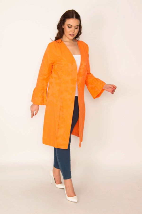 Şans Şans Women's Large Size Orange Sleeve Detailed Single Lace Closure Unlined Cape