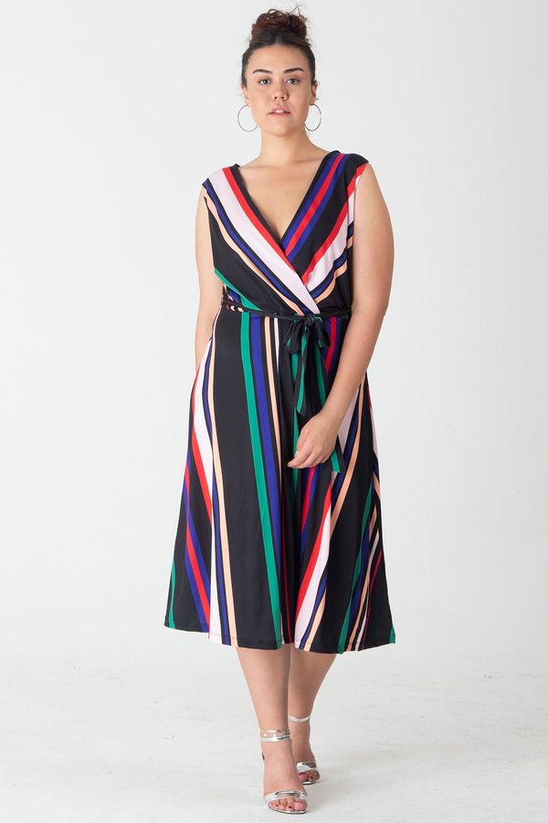 Şans Şans Women's Large Size Patterned Wrap Striped Dress