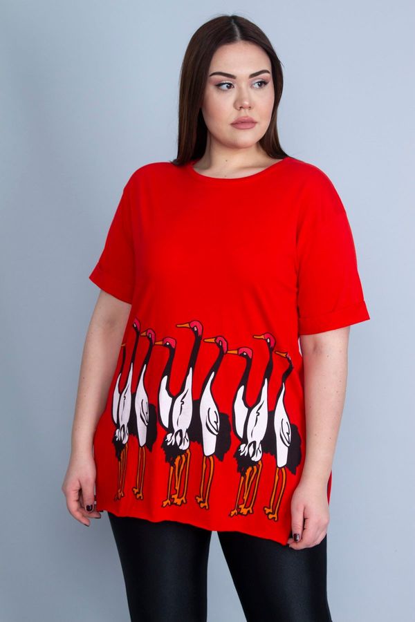 Şans Şans Women's Large Size Red Print and Slit Detailed Blouse