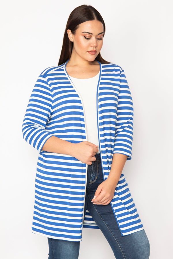 Şans Şans Women's Large Size Saks Cotton Fabric Striped Cardigan