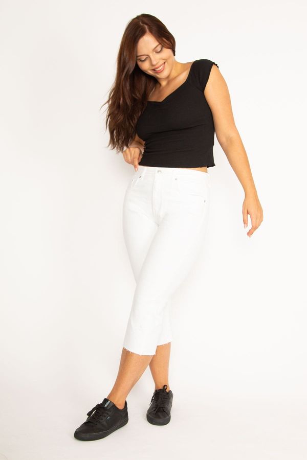 Şans Şans Women's Large Size White 5 Pocket Jeans Capri With Dirty Stitching