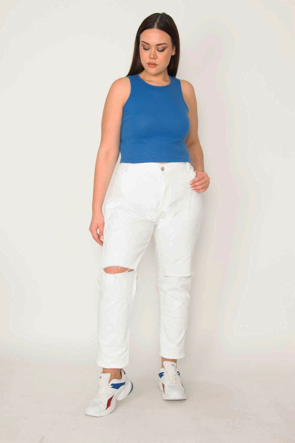 Şans Şans Women's Large Size White Ripped Detailed Lycra-Free Denim Trousers