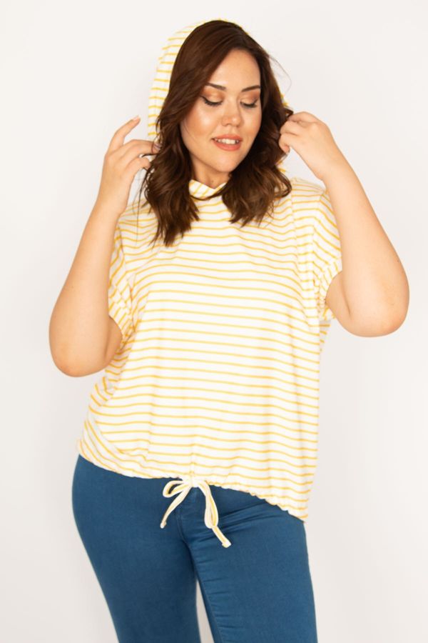 Şans Şans Women's Large Size Yellow Hooded Striped Sweatshirt