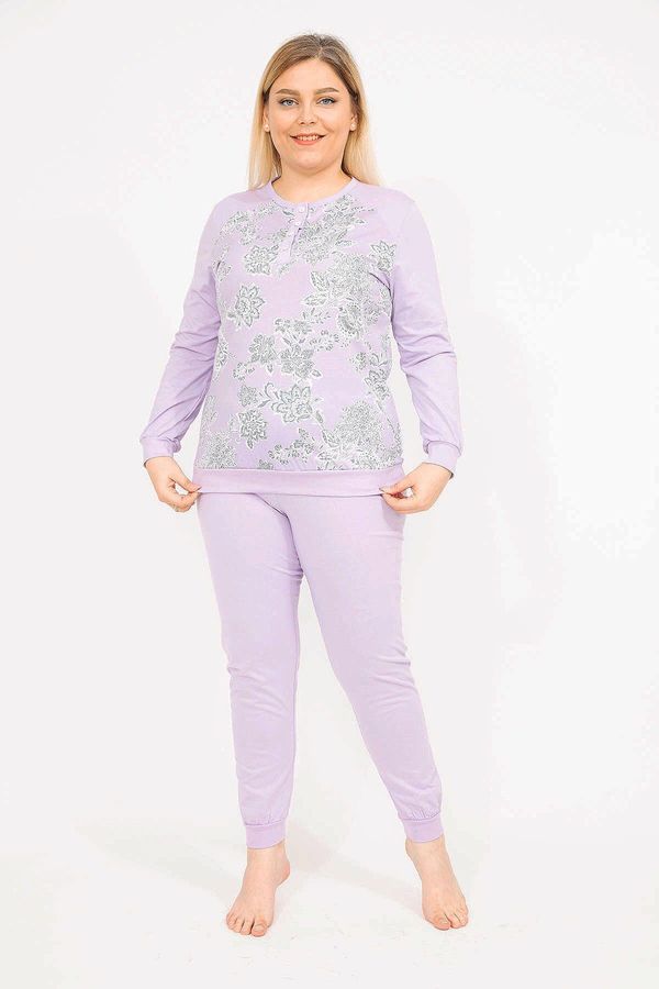 Şans Şans Women's Lilac Plus Size Cotton Blouse, Pants and Pajamas Set