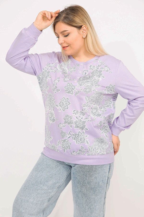 Şans Şans Women's Lilac Plus Size Cotton Fabric Front Patterned Blouse