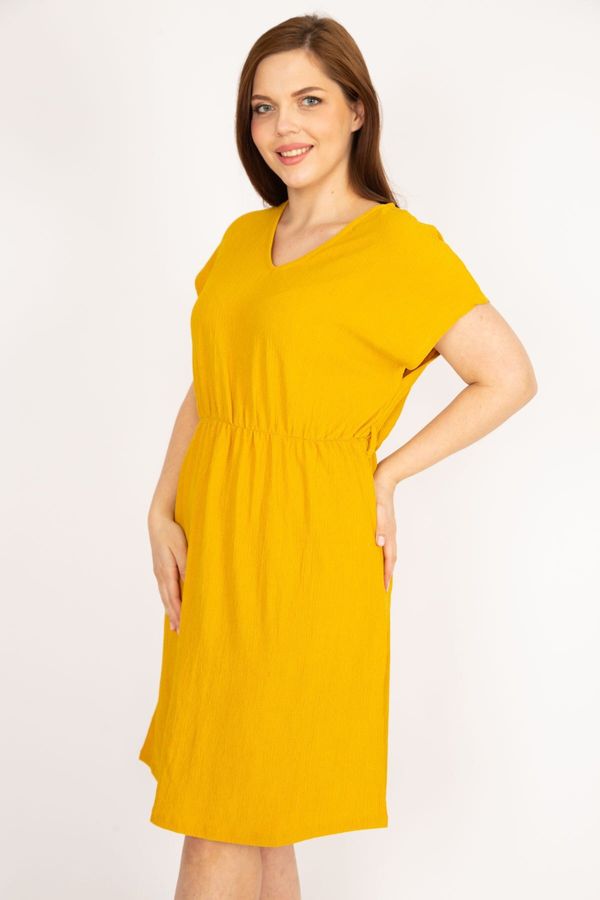 Şans Şans Women's Mustard Plus Size Elastic Waist V-Neck Low Sleeve Dress