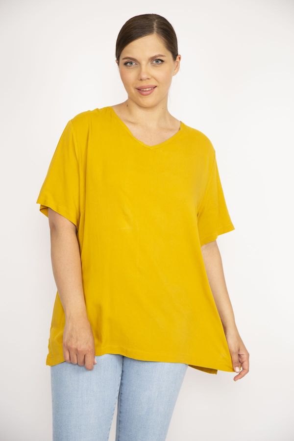 Şans Şans Women's Mustard Plus Size Woven Viscose Fabric V-Neck Side Slit Blouse