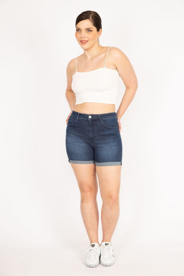 Şans Şans Women's Navy Blue Large Size 5 Pockets Skinny Denim Shorts