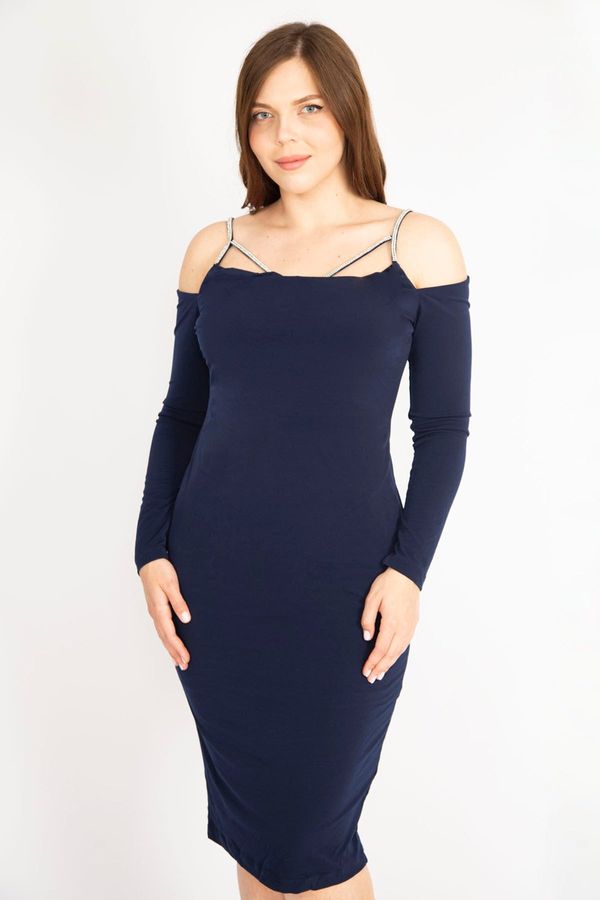 Şans Şans Women's Navy Blue Large Size Strap Stone Detailed Shoulder Low-cut Evening Dress