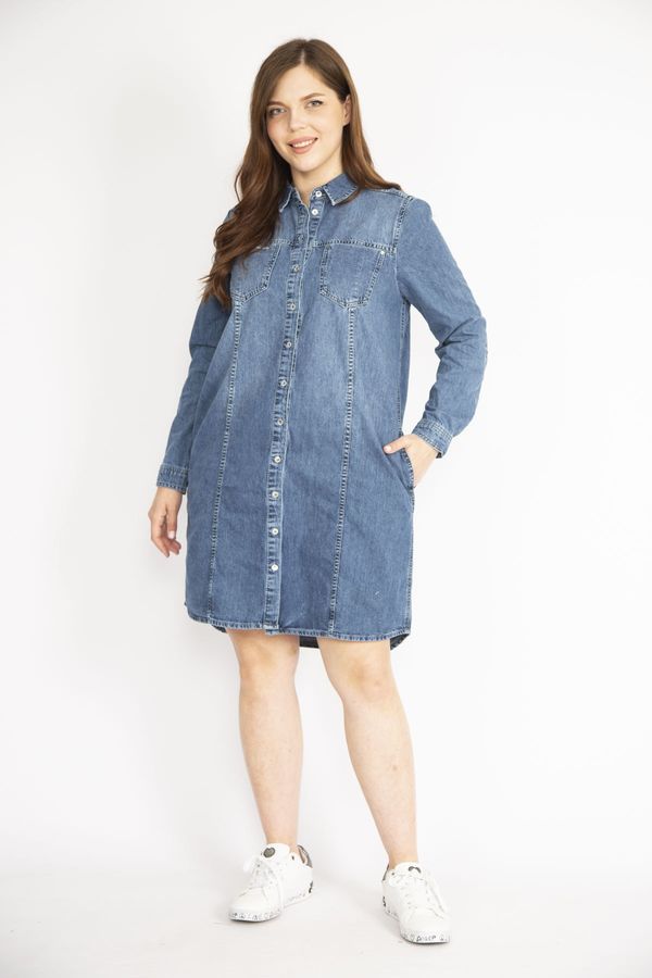 Şans Şans Women's Navy Blue Plus Size Front Buttoned Sleeve Length Adjustable Side Pockets Denim Dress