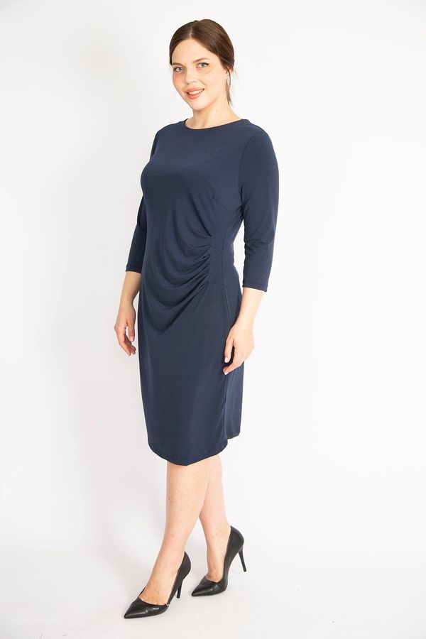 Şans Şans Women's Navy Blue Plus Size Waist Draped Capri Sleeve Dress