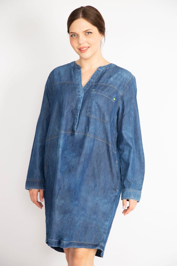 Şans Şans Women's Navy Blue Plus Size Wash Effect Front Pat and Snap Buttoned Denim Dress
