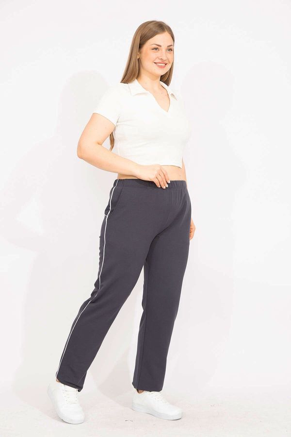Şans Şans Women's Navy Plus Size Sports Trousers with Piping Detailed