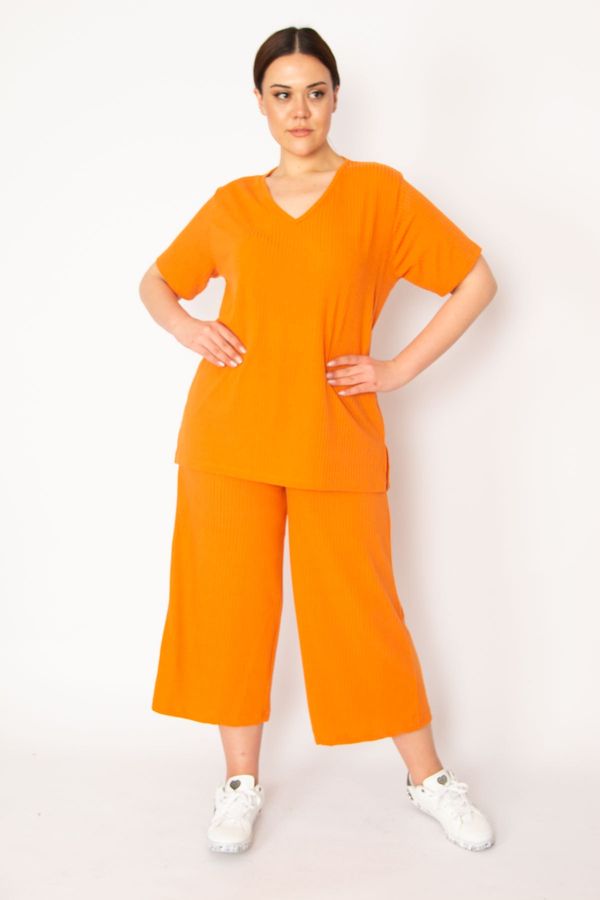 Şans Şans Women's Orange Camisole Knitted Elastic Waist Wide Leg Trousers V-Neck Blouse Suit