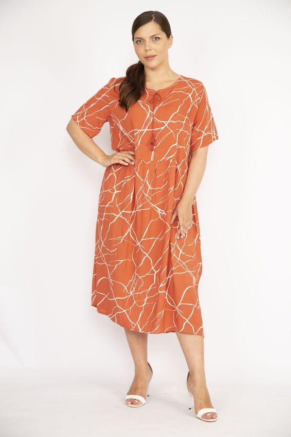 Şans Şans Women's Orange Large Size Woven Viscose Fabric Short Sleeve Dress