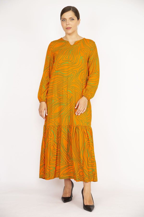 Şans Şans Women's Orange Large Size Woven Viscose Fabric Skirt Layered Long Sleeve Dress