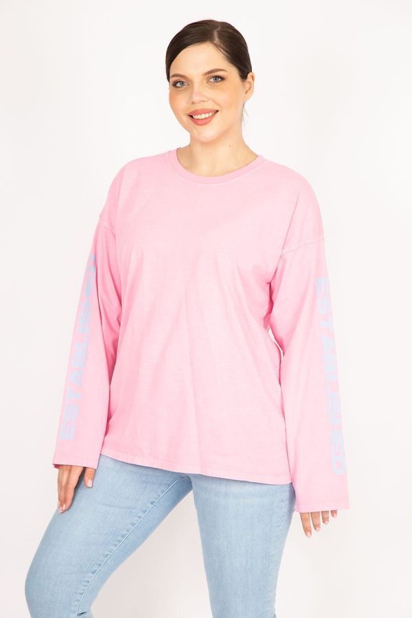 Şans Şans Women's Pink Large Size Sleeve Printed Sweatshirt