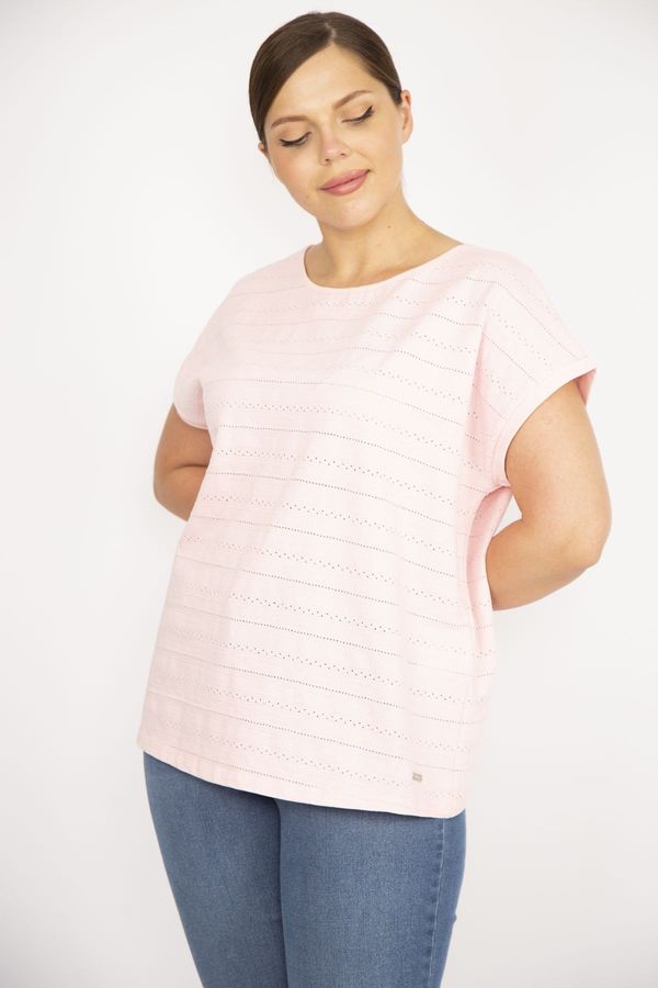 Şans Şans Women's Pink Plus Size Cotton Fabric Self Patterned Low Sleeve Blouse