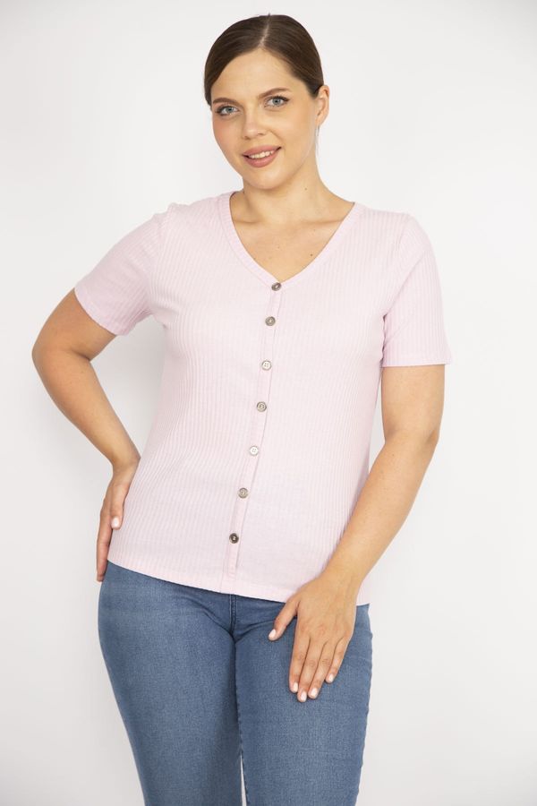 Şans Şans Women's Pink Plus Size V-Neck Front Decorative Buttoned Camisole Fabric Short Sleeve Blouse
