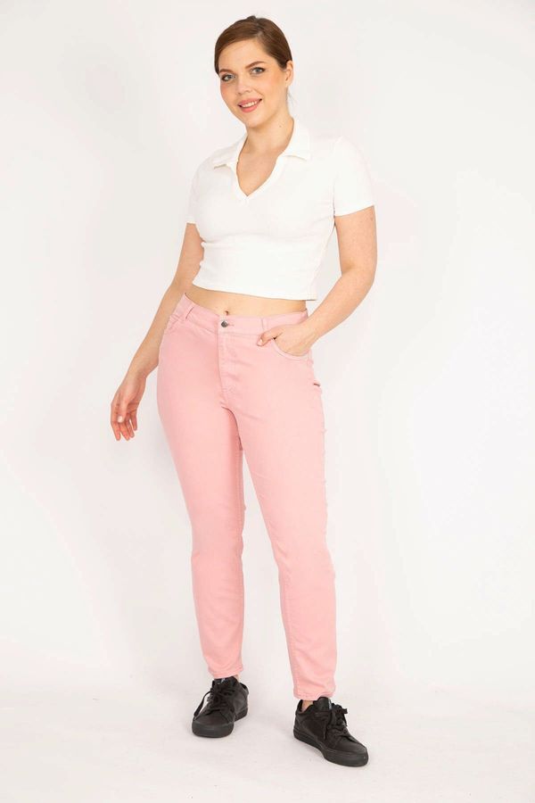 Şans Şans Women's Pink Plus Size Waist Side Elastic Lycra 5-Pocket Trousers