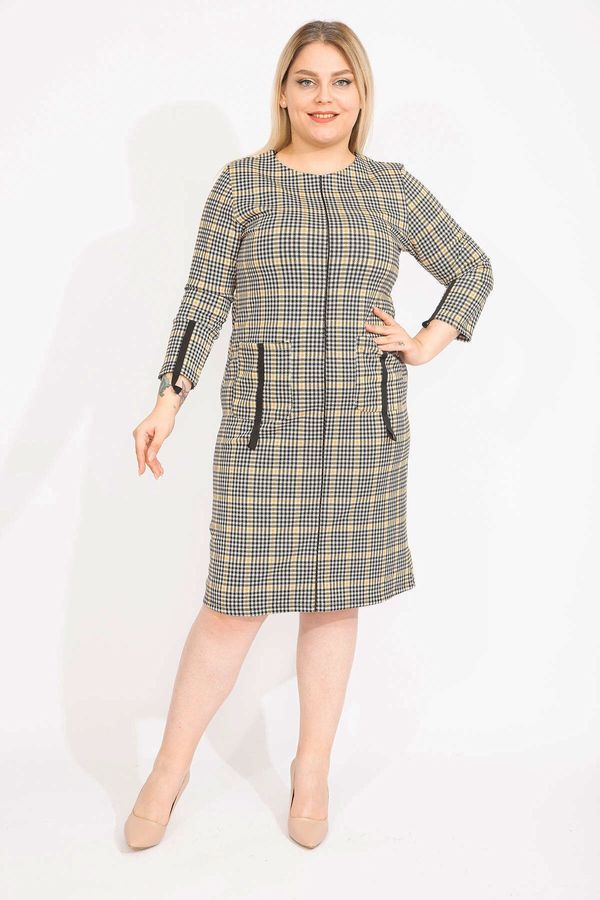 Şans Şans Women's Plus Size Beige Dress With Pocket And Pile Detailed, Sequins Pattern