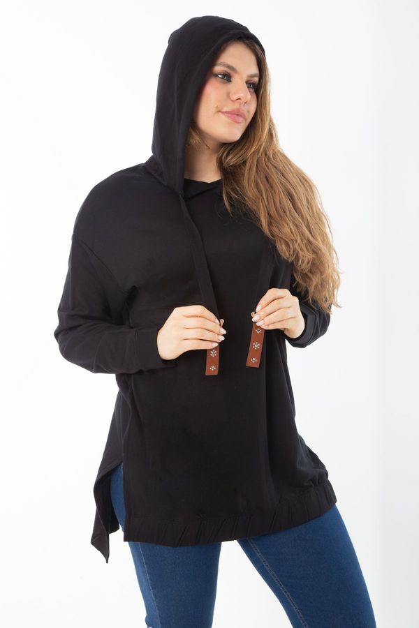 Şans Şans Women's Plus Size Black Back Long Side Slit Hooded Sweatshirt