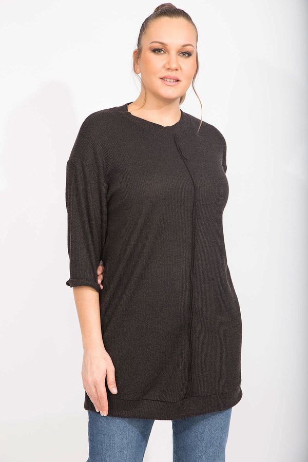 Şans Şans Women's Plus Size Black Camisole Fabric Front Stitch Detail Long Tunic
