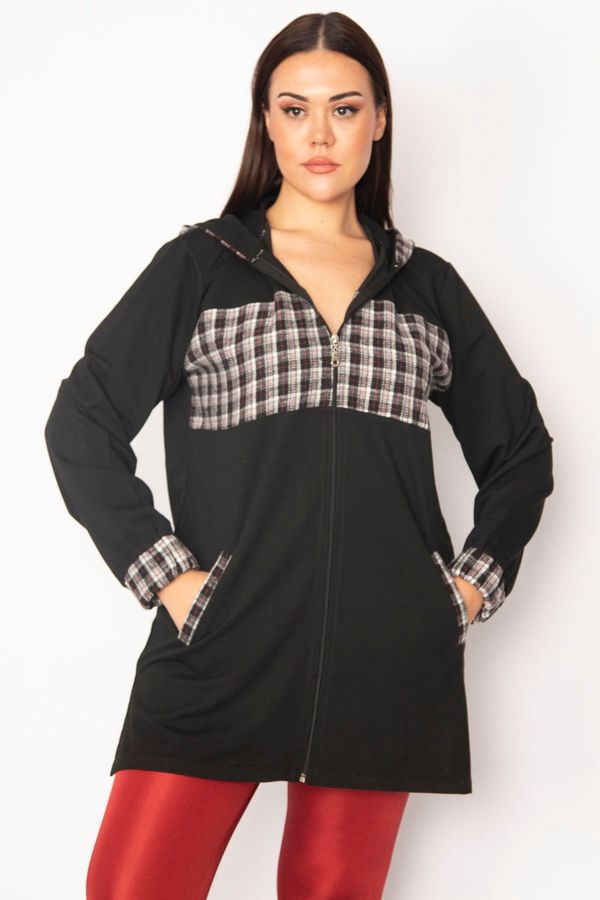 Şans Şans Women's Plus Size Black Checkered Detailed Hooded Coat