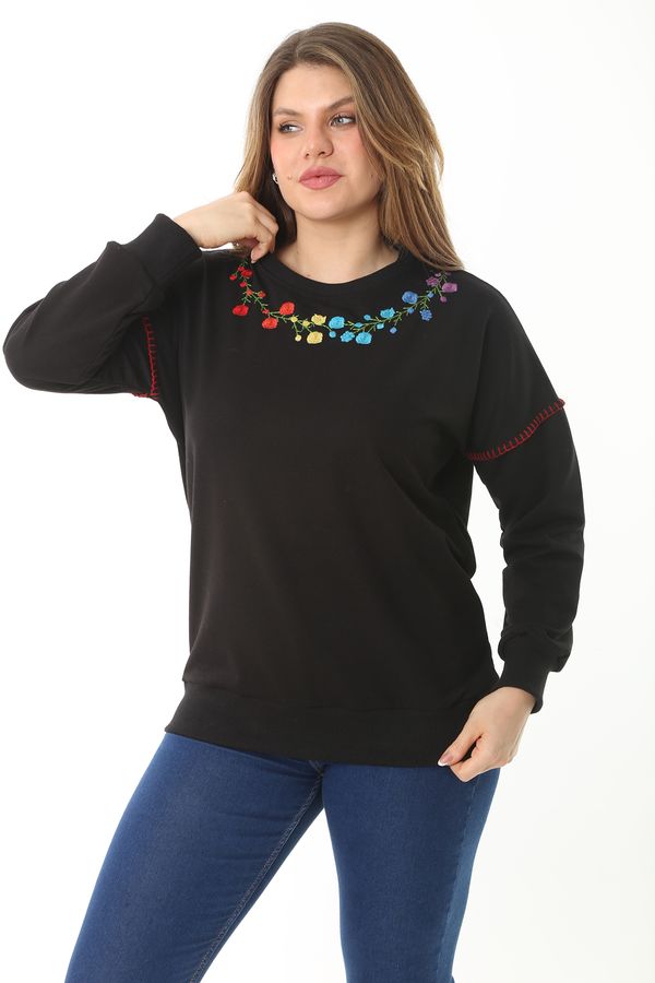 Şans Şans Women's Plus Size Black Collar And Sleeves Embroidery Detail Sweatshirt