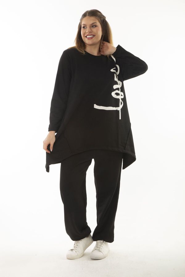 Şans Şans Women's Plus Size Black Cup And Print Detailed Sweatshirt Trousers Double Tracksuit Suit