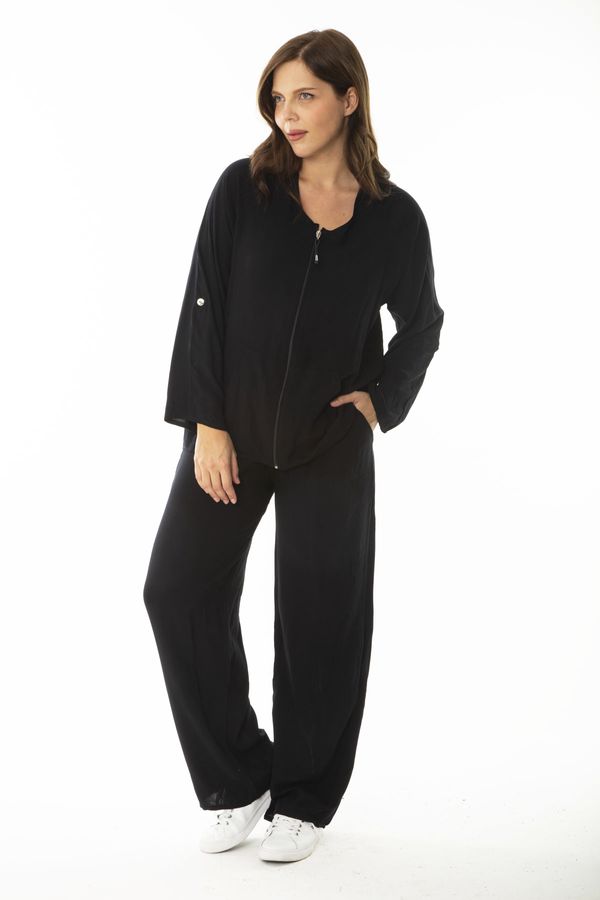 Şans Şans Women's Plus Size Black Front Zippered Cardigan with Adjustable Sleeves Pants Double Suit