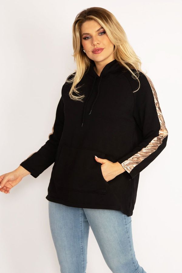 Şans Şans Women's Plus Size Black Hooded Sweatshirt with Pockets Kangaroo with Gold Stripe Detail on the sleeves