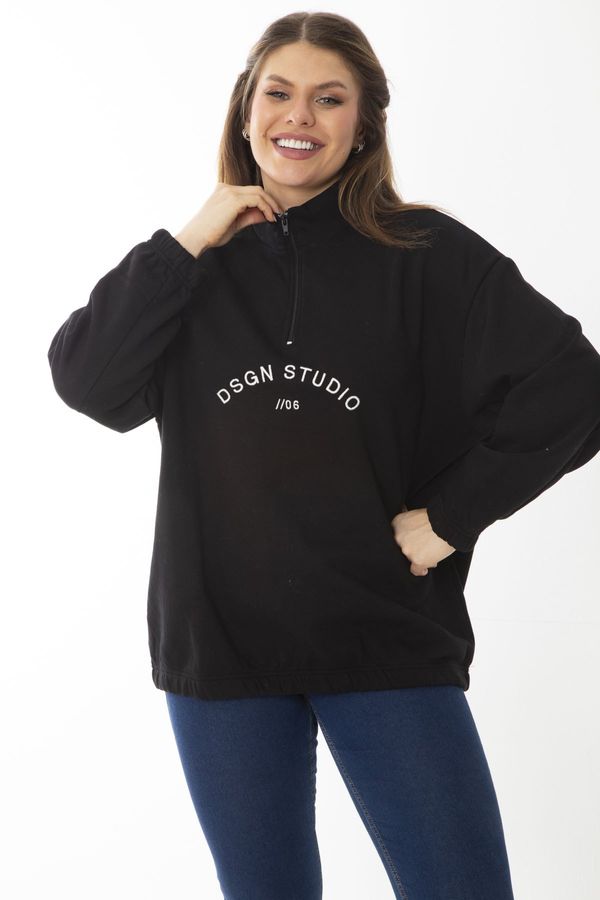 Şans Şans Women's Plus Size Black Inner Raising Front Patties Zipper And Embroidery Detail Sweatshirt