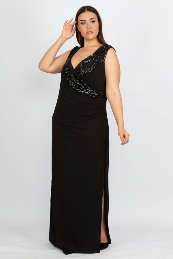 Şans Şans Women's Plus Size Black Sequin Detail Wrapped Evening Dress