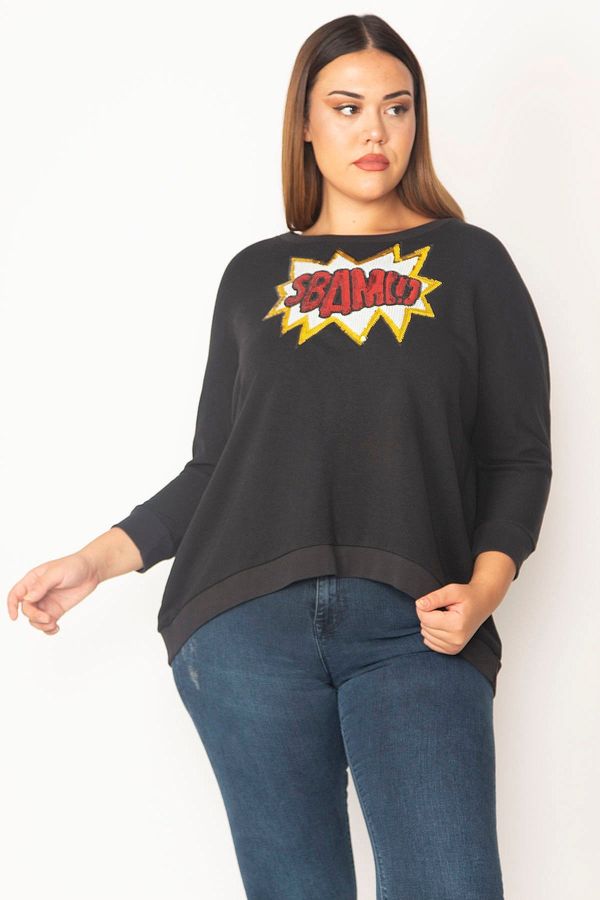 Şans Şans Women's Plus Size Black Sequin Detailed Sweatshirt