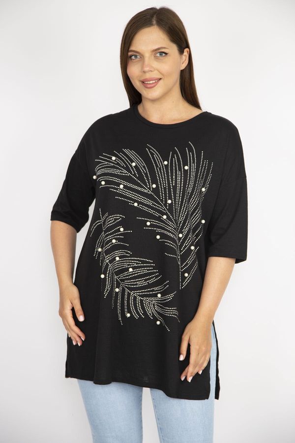 Şans Şans Women's Plus Size Black Stone And Pearl Embroidered Crew Neck Blouse With Side Slit