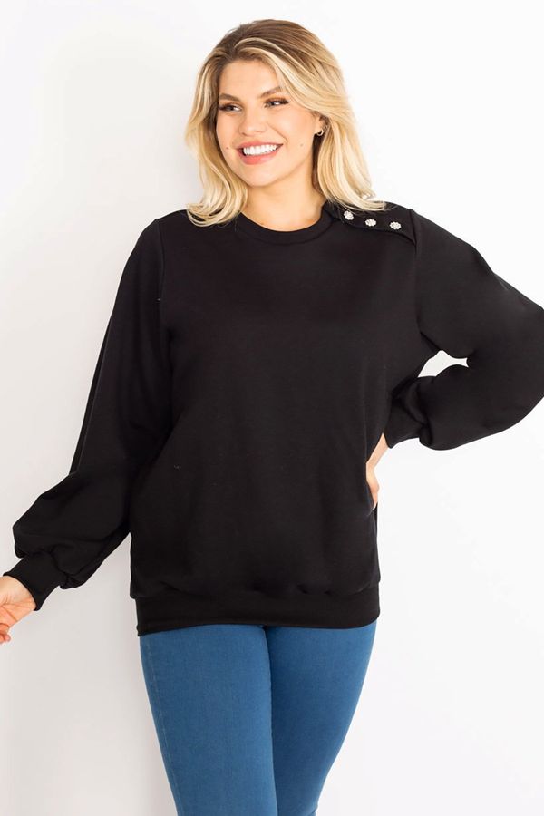 Şans Şans Women's Plus Size Black Sweatshirt with Stone Detail on the Shoulder and Rayon