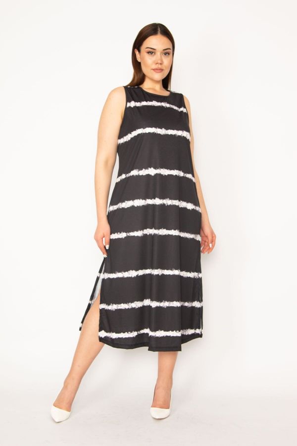 Şans Şans Women's Plus Size Black Tie Dye Striped Long Dress with Side Slits