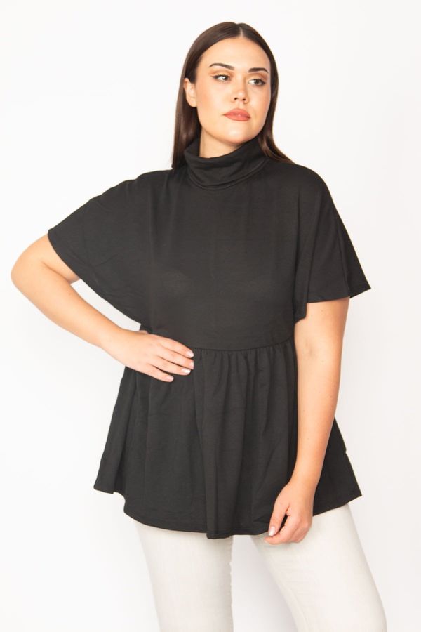 Şans Şans Women's Plus Size Black Turtleneck Waist Gathered Low Sleeve Knitwear Blouse