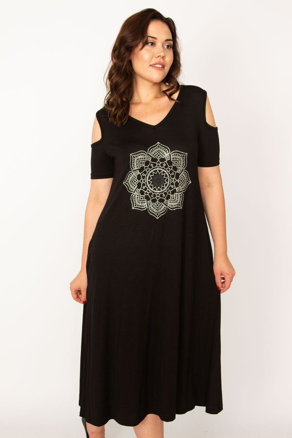 Şans Şans Women's Plus Size Black Viscose Dress With Open Shoulders and Open Back Detail.