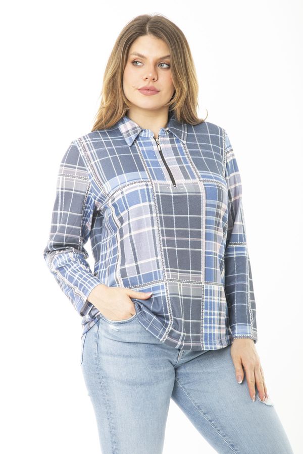 Şans Şans Women's Plus Size Blue Checked Blouse With Zipper And Stones At The Front Paw