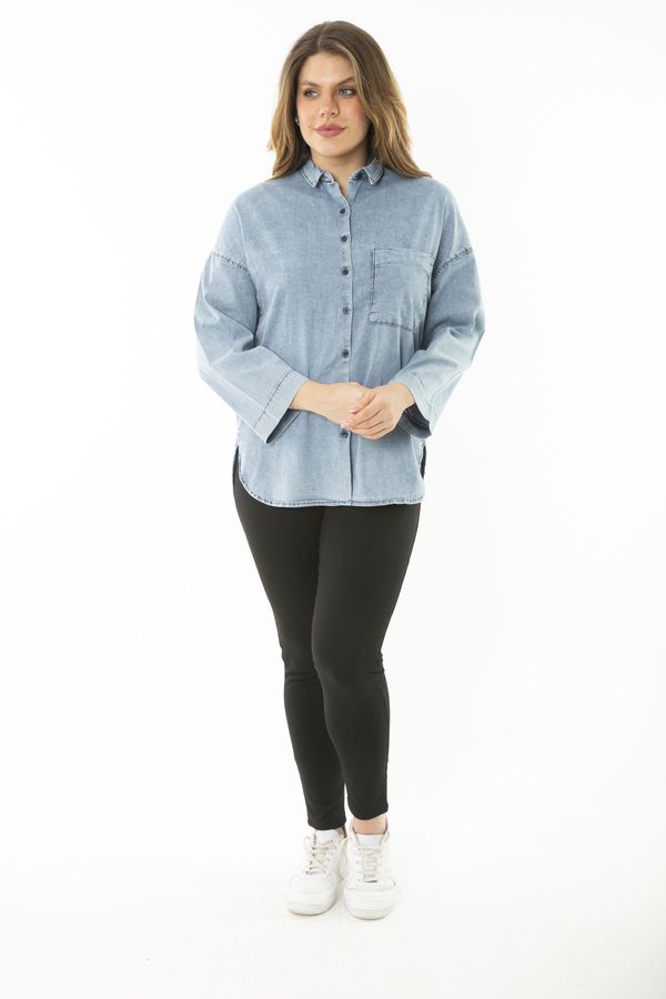 Şans Şans Women's Plus Size Blue Chest Pocket Denim Shirt