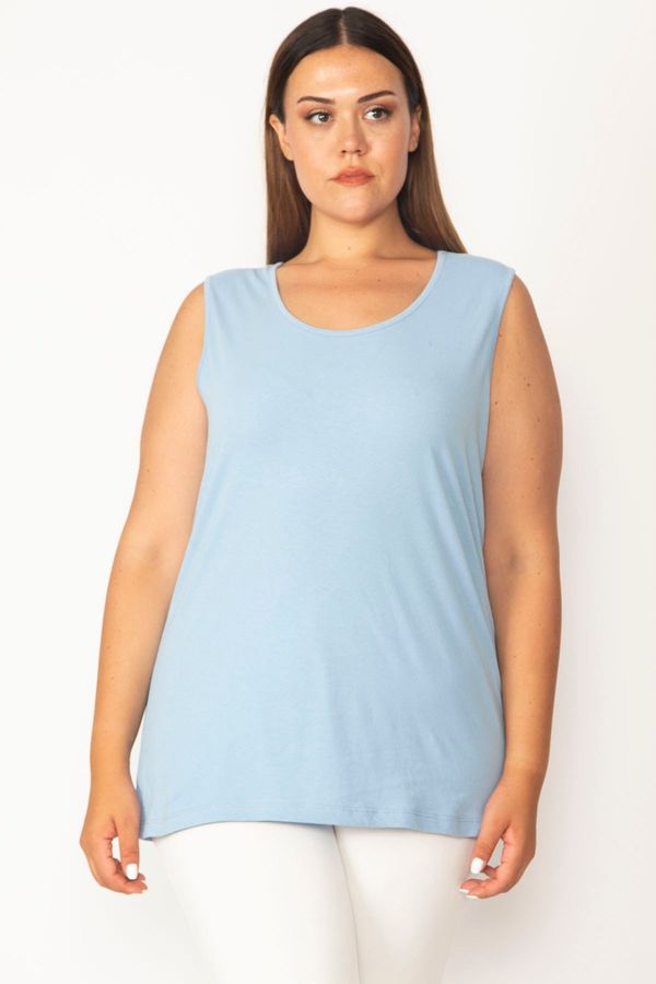 Şans Şans Women's Plus Size Blue Cotton Fabric Crew Neck Sleeveless Blouse