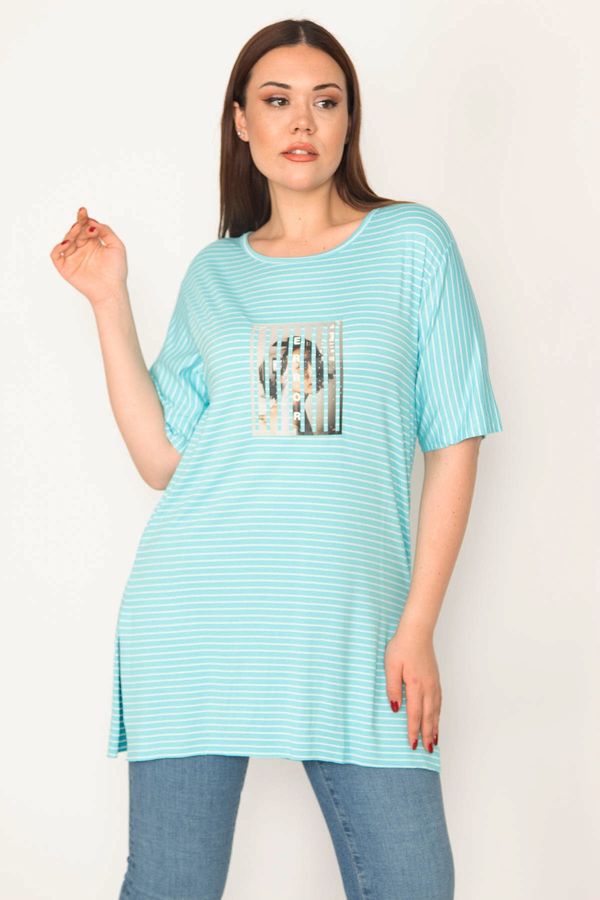Şans Şans Women's Plus Size Blue Digital Printed Striped Side Slit Blouse