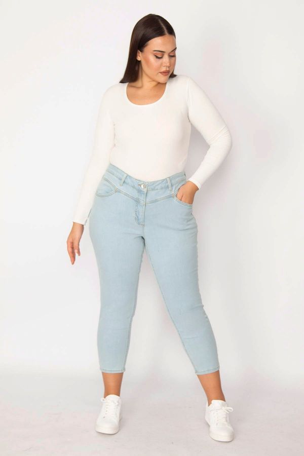 Şans Şans Women's Plus Size Blue Gasket Detail Lycra Ankle Length Jeans