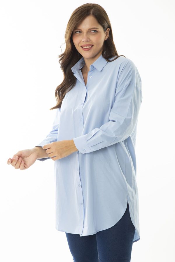 Şans Şans Women's Plus Size Blue Shirt with Front Buttons and Long Sleeves