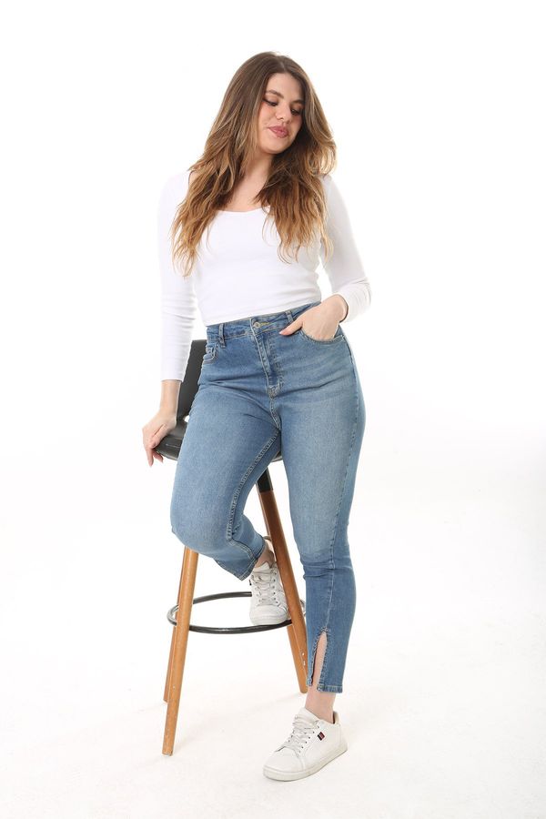Şans Şans Women's Plus Size Blue Slit Detail High Waist Lycra Jeans