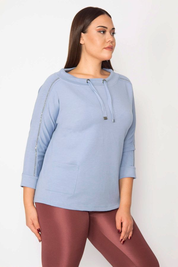 Şans Şans Women's Plus Size Blue Sweatshirt with Eyelets and Stones Detailed Pockets